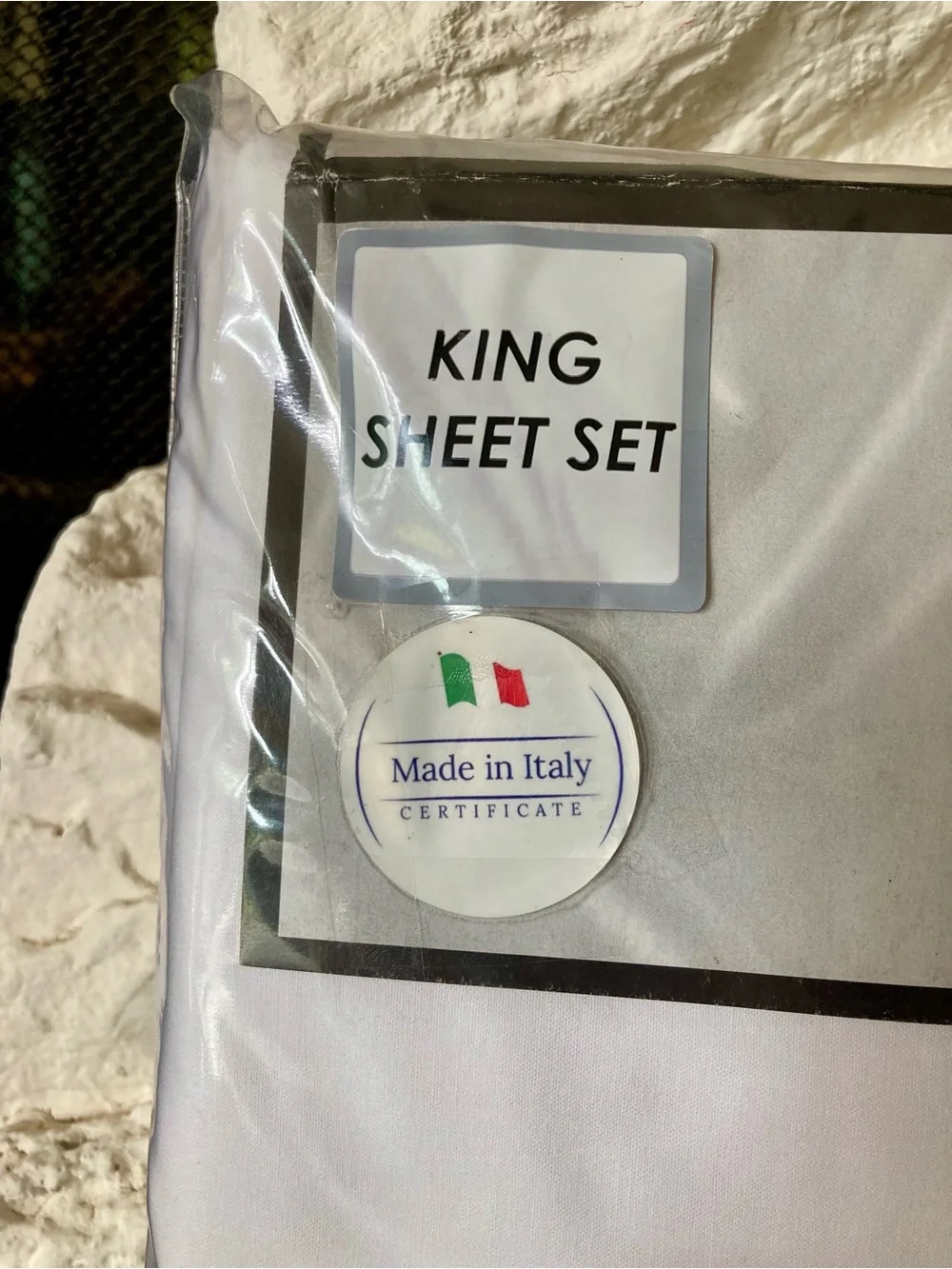 Maurizio Italy King Sheet Set White w/ Dark Gray Blue Embroidery Percale Cotton